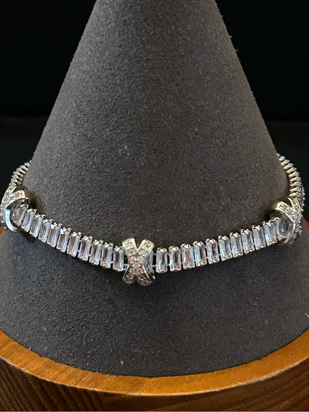 Silver-Tone Crystal Baguette Tennis Style Link Bracelet w/ X Accents 7”- 8”
